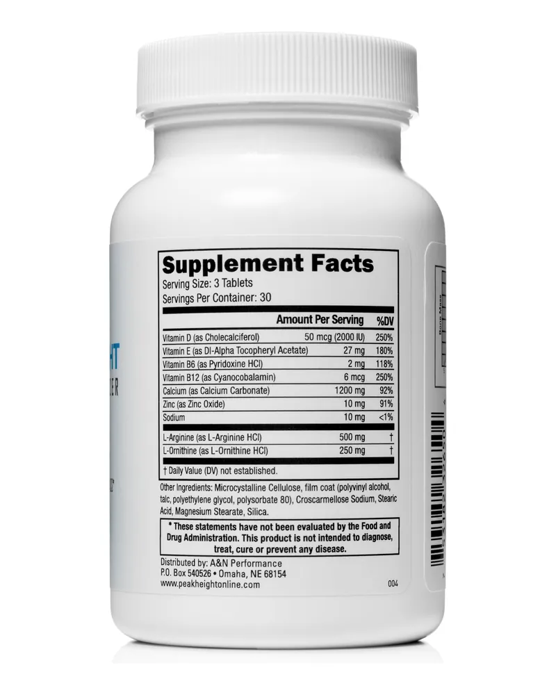 Peak Height Supplement Facts label on the back of the bottle: the height supplement option we recommend